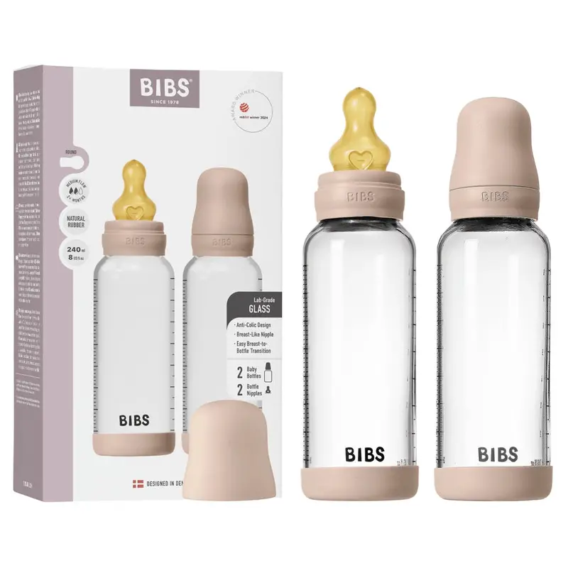 Bibs Glass Baby Bottle Set – 240Ml Round Latex, Medium Flow, Blush Hue (2-Pack) 1