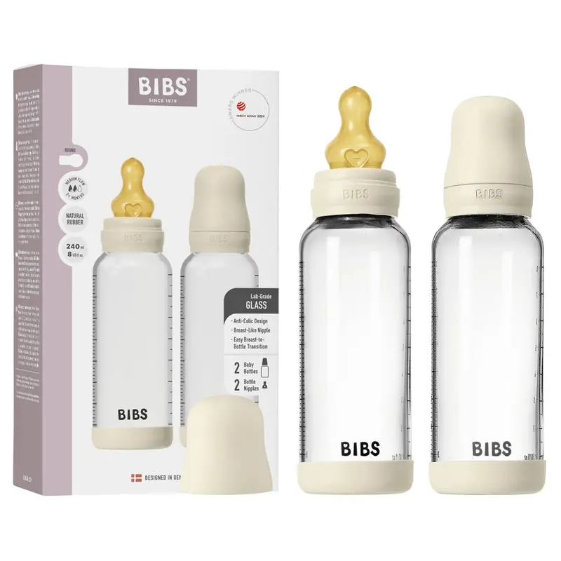Bibs Glass Baby Bottle Set – 240Ml Round Latex, Medium Flow, Ivory Finish (2-Pack) 1