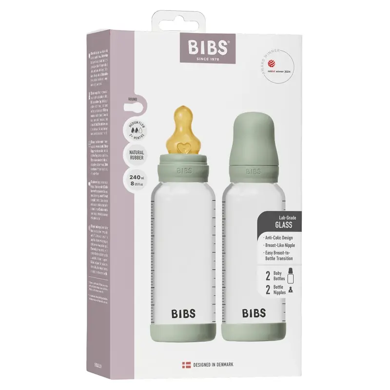 Bibs Glass Baby Bottle Set – 240Ml Round Latex, Medium Flow, Sage Color (2-Pack) 1