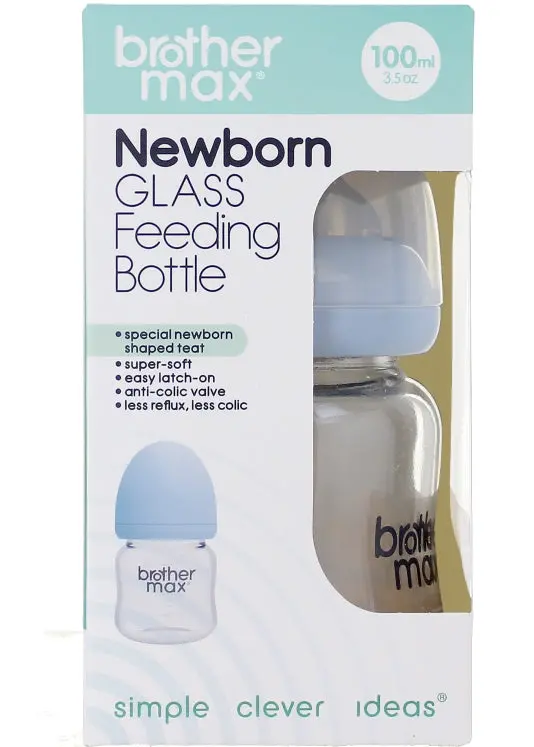 Brother Max Glass Baby Feeding Bottle – 100 Ml With Stainless Steel Teat (Blue) 1