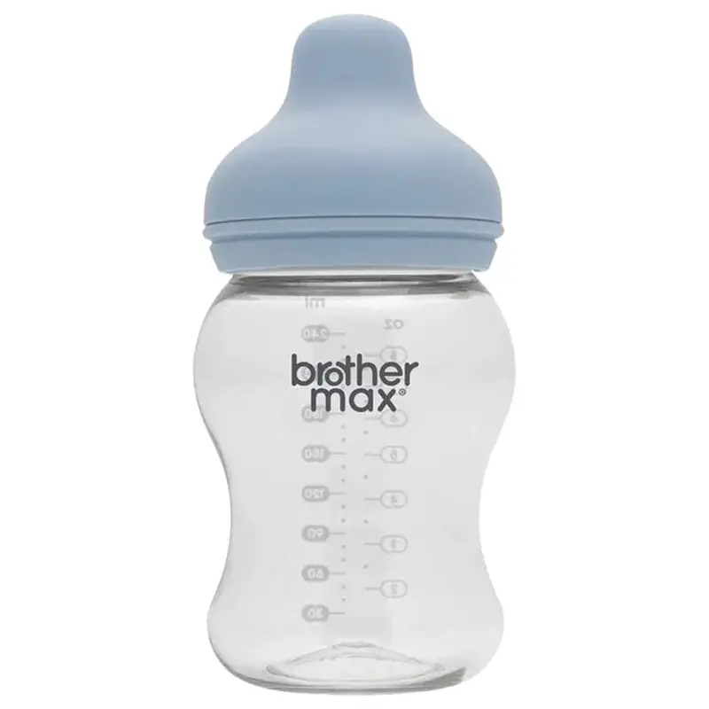 Brother Max Glass Extra-Wide Neck Feeding Bottle – 240Ml, Blue (Medium Flow Teat) 1