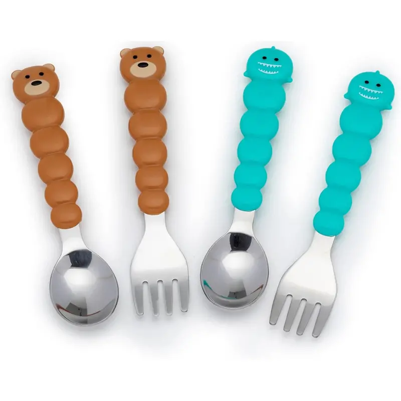 Brown Bear & Turquoise Shark Spoons & Forks – 4-Piece Melii Kids Cutlery Set 1