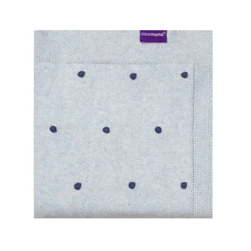 Clevamama Knitted Pom Pom Baby Blanket – Organic Cotton (Blue, 80X100Cm) 1