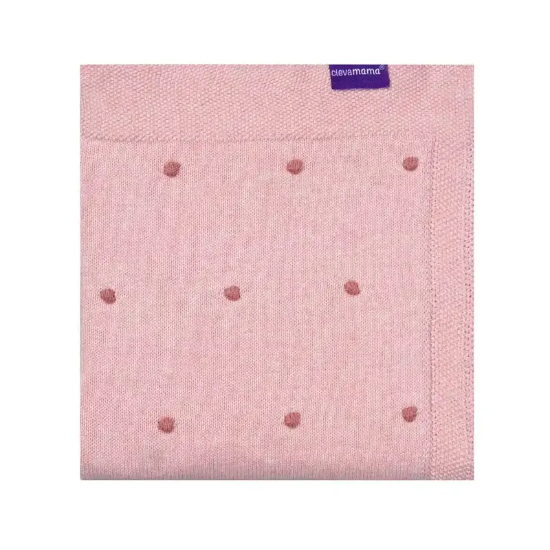 Clevamama Knitted Pom Pom Baby Blanket – Organic Cotton (Pink, 80X100Cm) 1