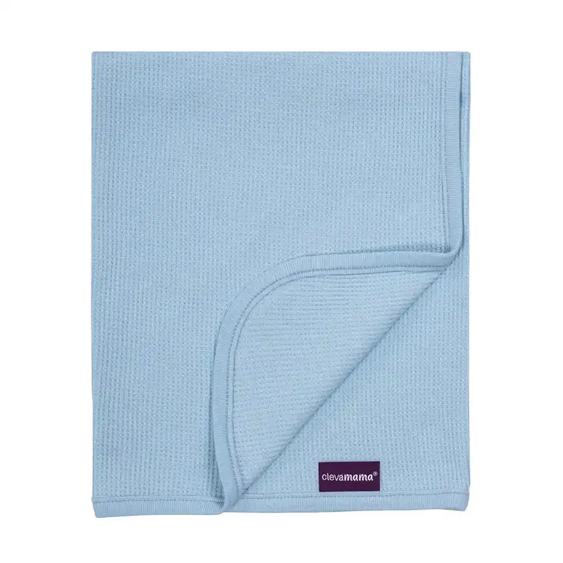 Clevamama Waffle Weave Cotton Blanket – Crib/Moses Basket Size 70 X 90 Cm (Blue) 1