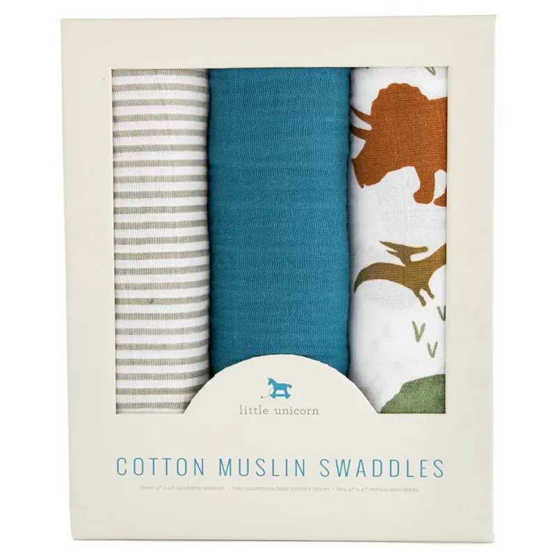 Dino Friends 2 Theme 3-Piece Muslin Swaddle Set – Little Unicorn 1