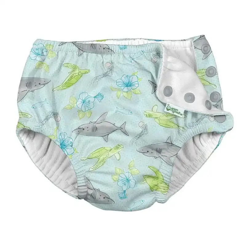 Green Sprouts Reusable Swim Diaper – Light Aqua Shark Design 1