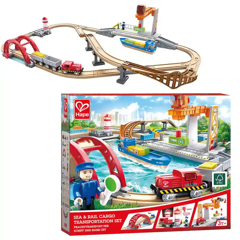 Hape Sea & Rail Cargo Transport Set: Wooden Train And Boat Combo 1