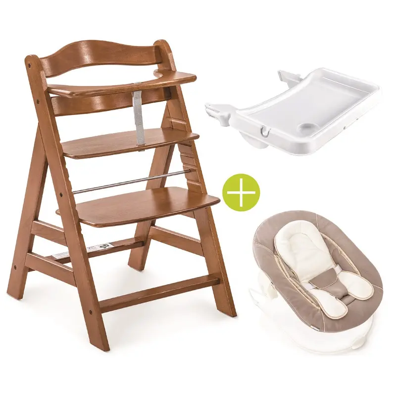 Hauck Alpha Plus Walnut High Chair With Tray & Stretch Bouncer – Beige 1