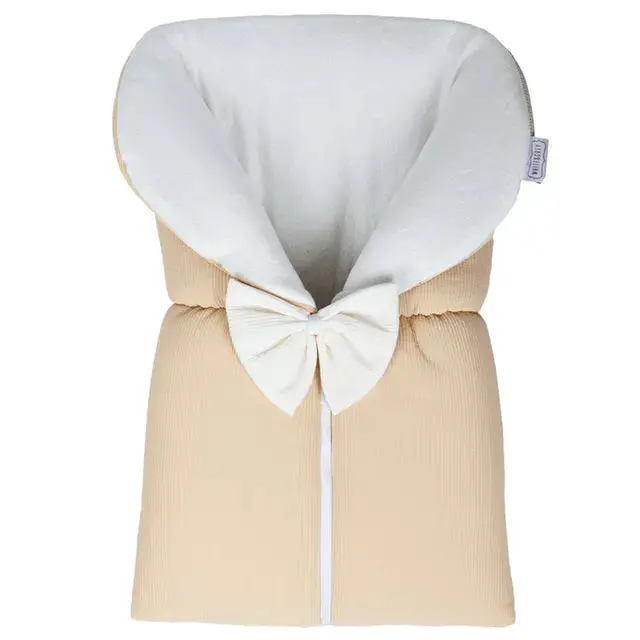 Little Angel Bamboo Sleeping Bag – White & Grey With Bow (Beige Accent) 1