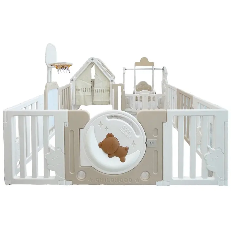 Little Toddlers Bear Moon Playpen With Basketball Hoop, Playhouse, And Swing – 150 X 180 X 64 Cm 1