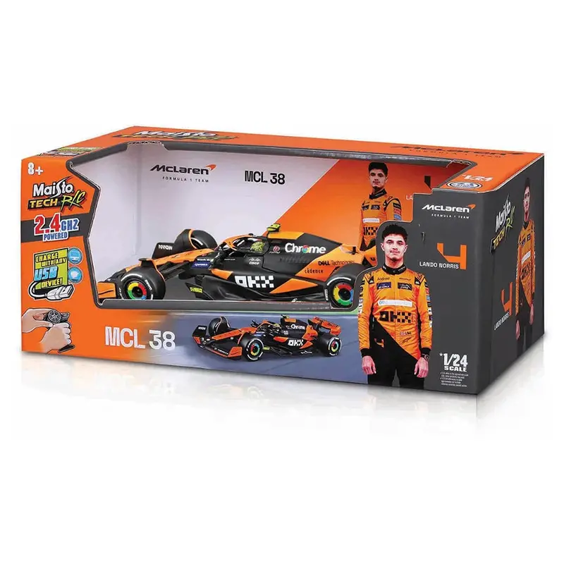 Maisto Tech 1:24 Rc Car – Mclaren Mcl38 F1 Model, Lando Norris #4, Orange & Black 1
