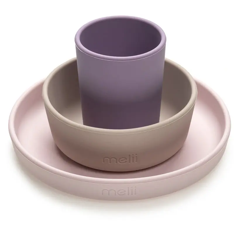 Melii 3-Piece Silicone Meal Set: Plate, Bowl & Cup (Pink, Grey, Purple) 1