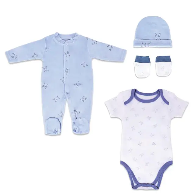 Nurtur Newborn Gift Set – 4-Piece Cotton Bodysuit & Sleeper Bundle (Size M1, Blue) 1