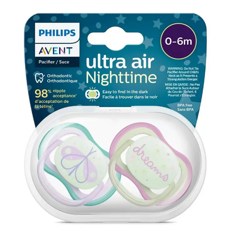 Philips Avent Ultra-Air Nighttime Pacifiers – Girl Design, 0–6 Months (2-Pack) 1