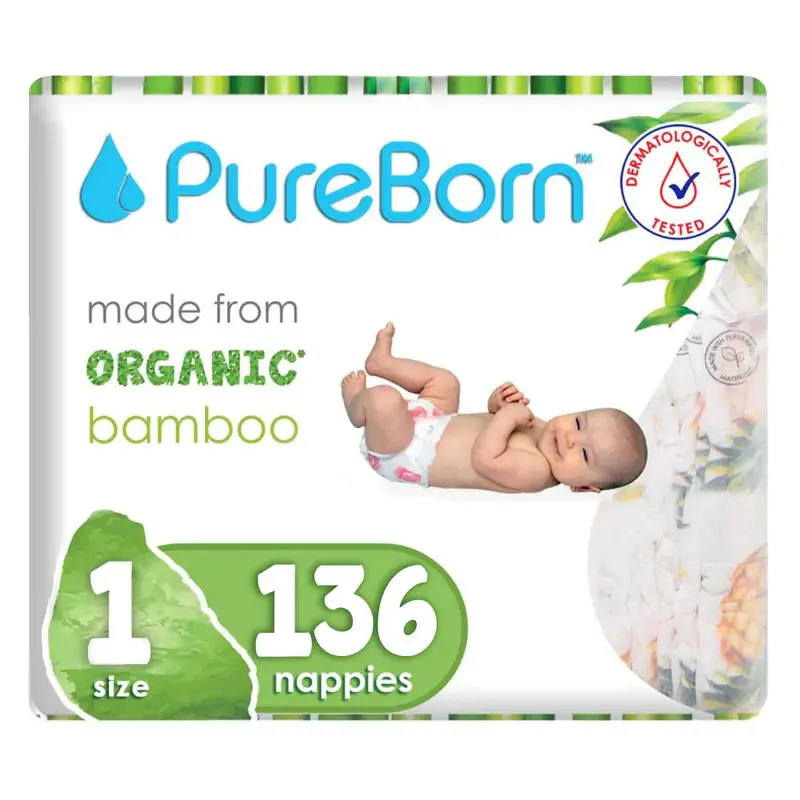Pureborn Bamboo Diapers Size 1 – Hypoallergenic Pack Of 136 1