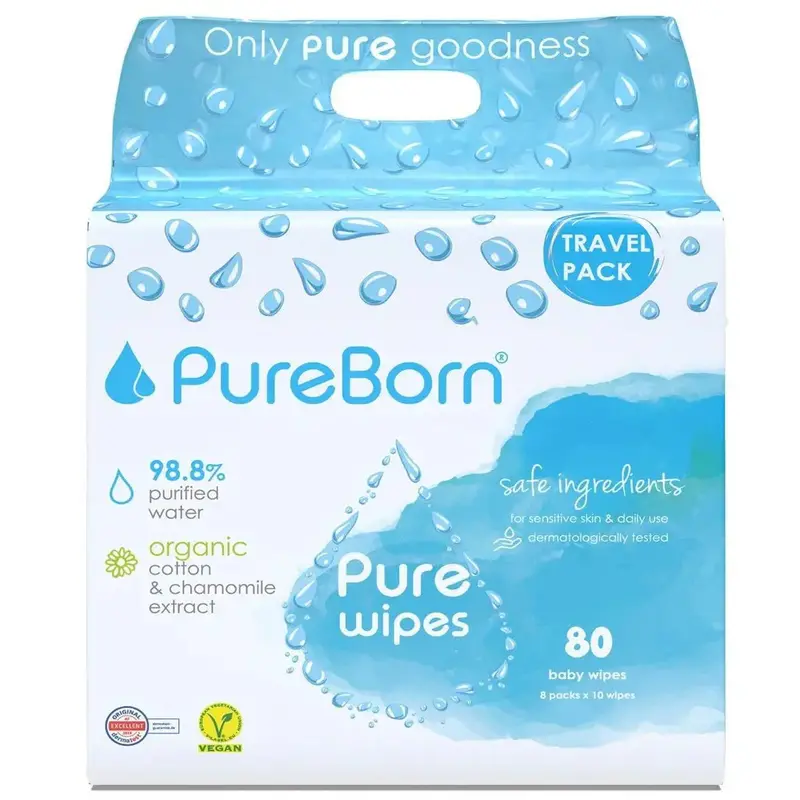 Pureborn Chamomile Travel Wipes – Compact 80-Count Pack (8 × 10 Sheets) 1