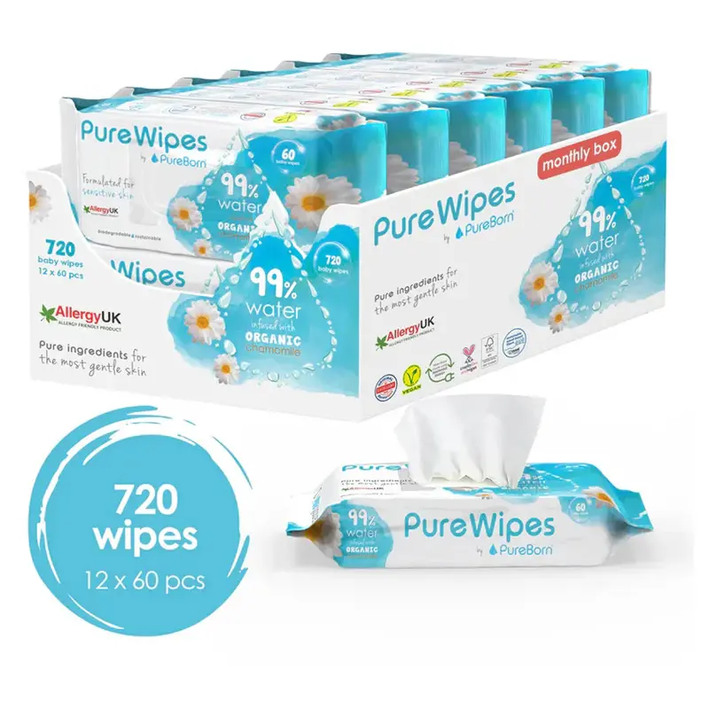 Pureborn Organic Chamomile Baby Water Wipes – 720 Count, Gentle & Fragrance-Free 1