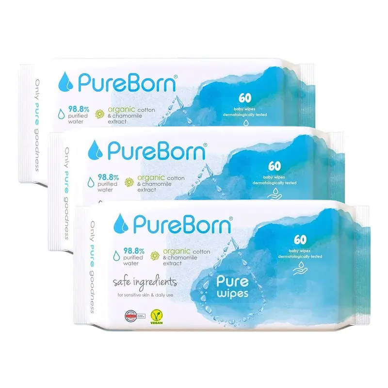Pureborn Organic Chamomile Baby Wipes – 60 Count × 3 Packs, Hypoallergenic & Eco-Friendly 1