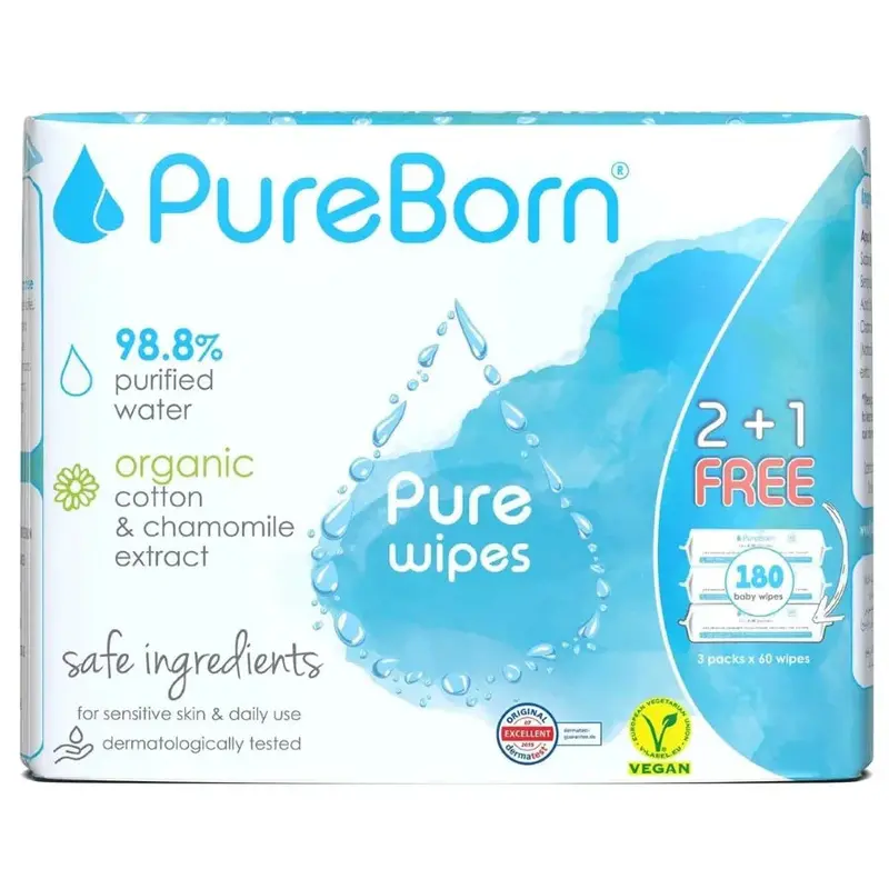 Pureborn Organic Cotton Wipes With Chamomile Extract – Value Pack (3 × 60 Count) 1