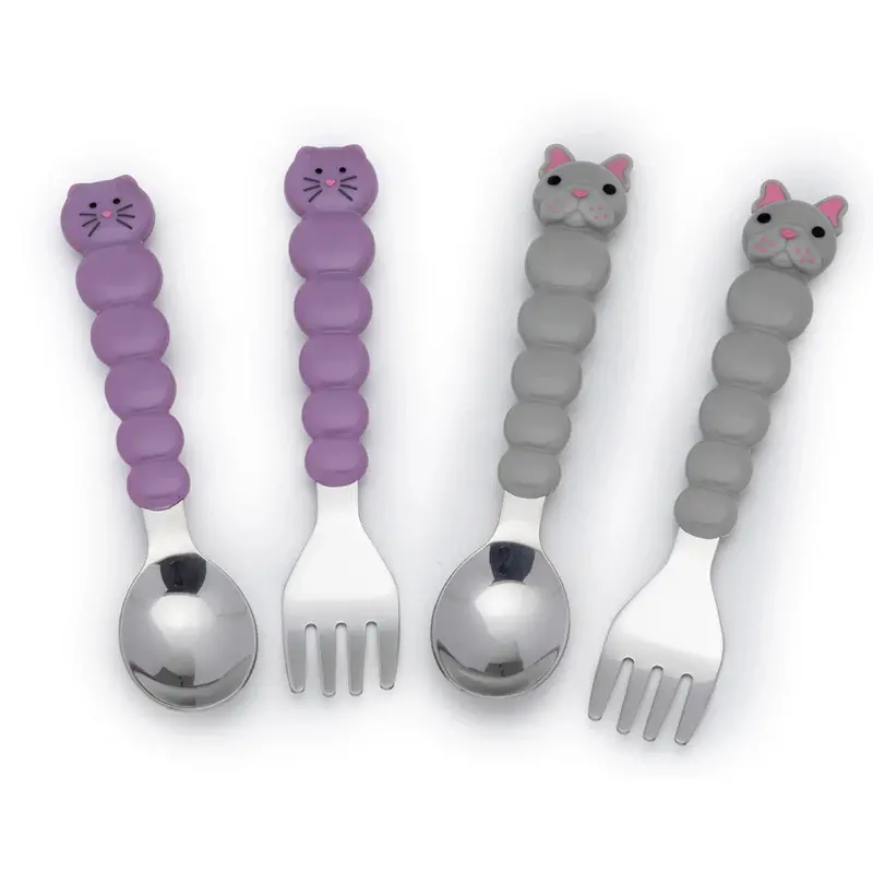 Purple Cat & Grey Bulldog Spoons & Forks – 4-Piece Melii Toddler Utensil Set 1