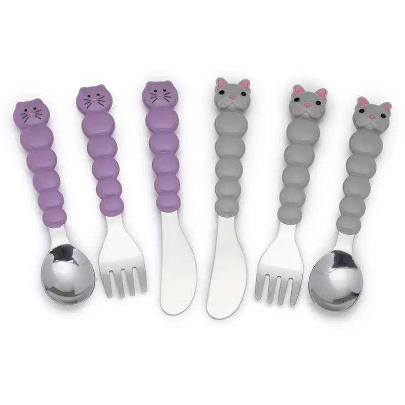Purple Cat & Grey Bulldog Utensil Set – 6-Piece Melii Child Dining Kit 1
