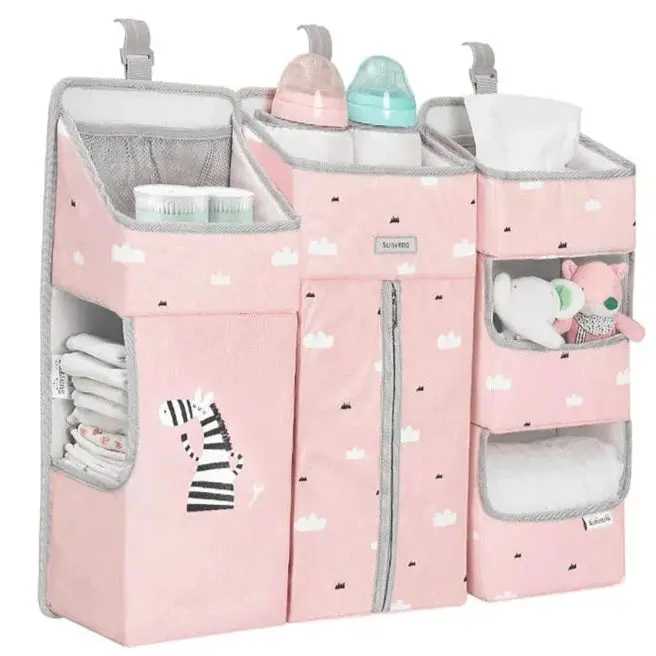 Sunveno Portable Bedside Crib Organizer – Pink Baby Storage Caddy 1