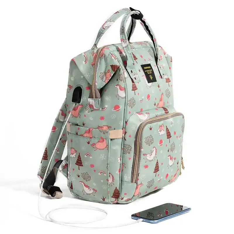 Sunveno Usb-Charging Diaper Bag In Green Dream Sky Design 1