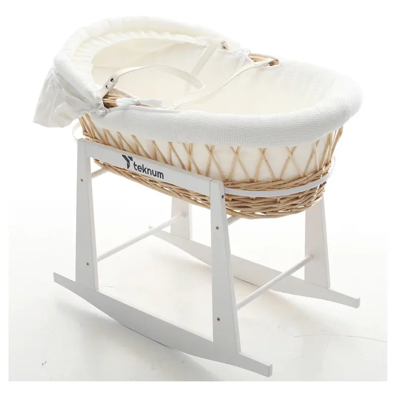 Teknum Wicker Moses Basket With White Waffle Linens & Wooden Rocker Stand (Brown Finish) 1