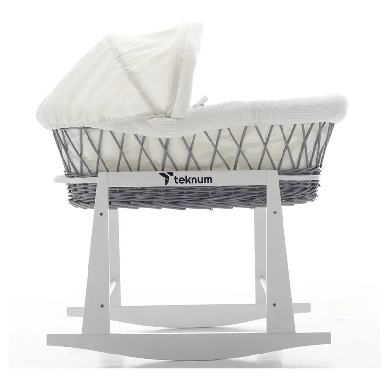 Teknum Wicker Moses Basket With White Waffle Linens & Wooden Rocker Stand (Grey Finish) 1