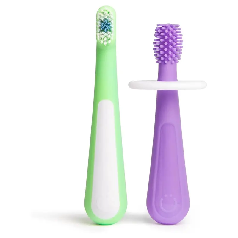 Ubbi 2-Stage Toddler Toothbrush Kit With Choke Guard – Purple & Zest 1
