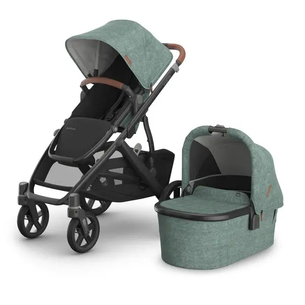 Uppababy Vista V3 Stroller – Gwen Edition, Green Mélange Finish, Carbon Frame, Saddle Leather Trim 1